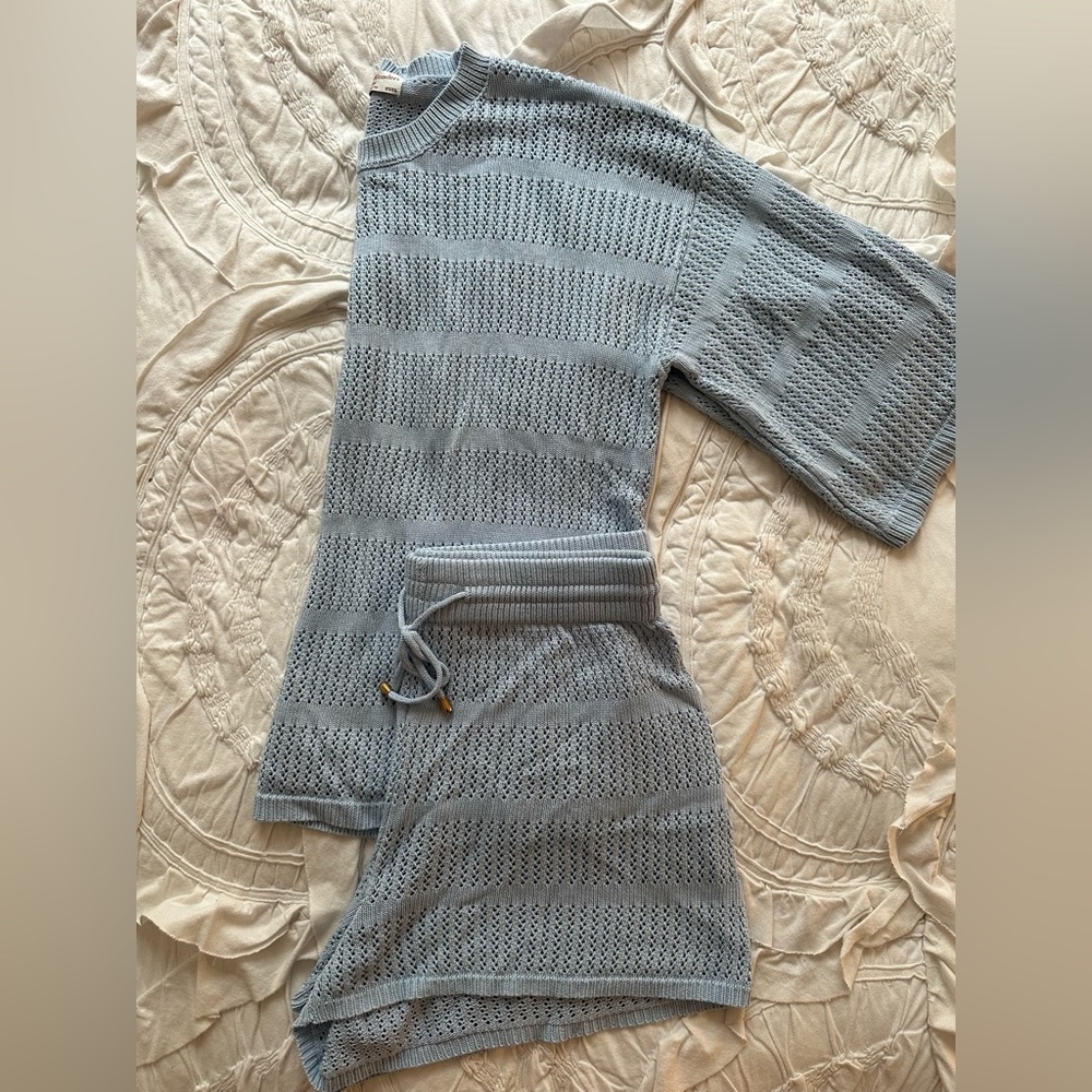 Seven Wonders Light Blue Open-Knit Two-Piece Loungewear Set